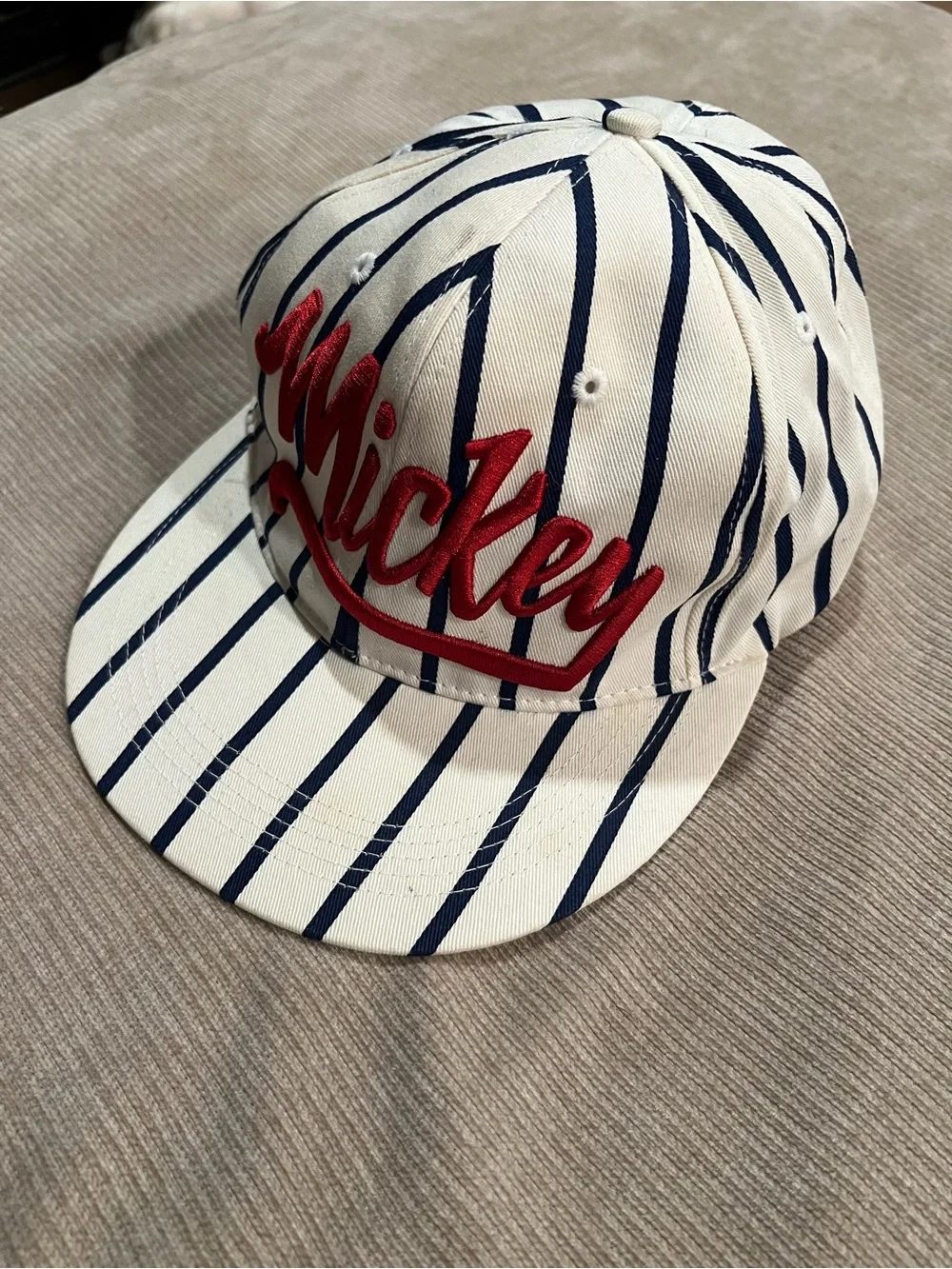 Disney Striped Baseball Cap with Red 'Mickey' Script